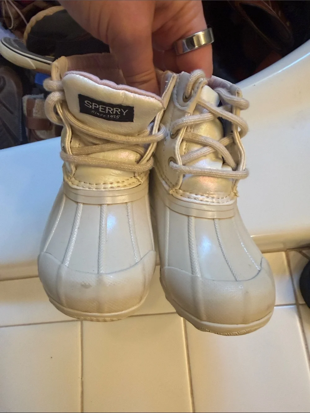Sperry Kids Cream and Pink Waterproof Duck Boots